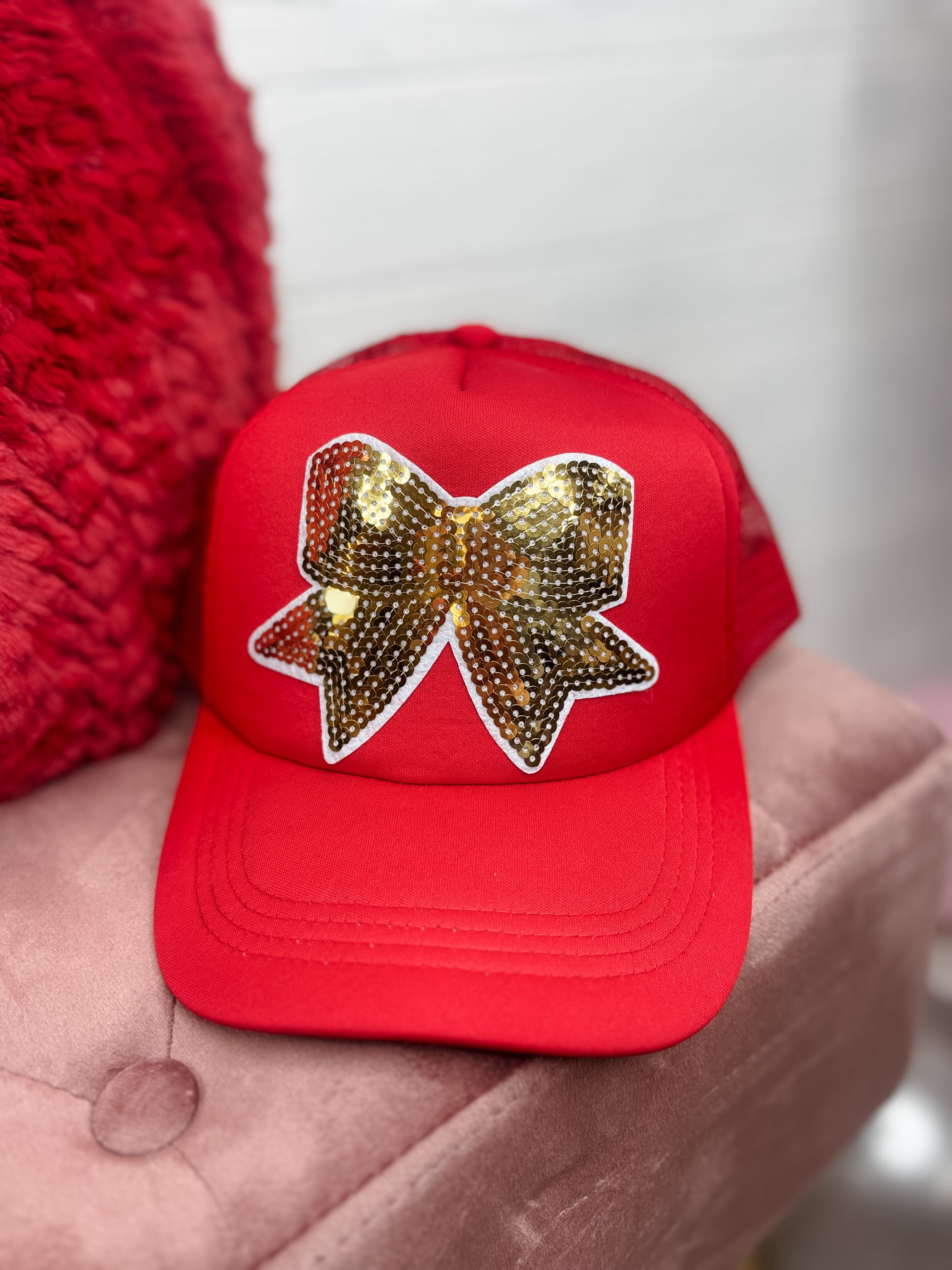 Sparkle Bow Sequin Trucker Hat - Red