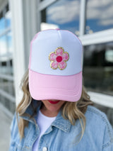 Checkered Flower Trucker Hat - Pink