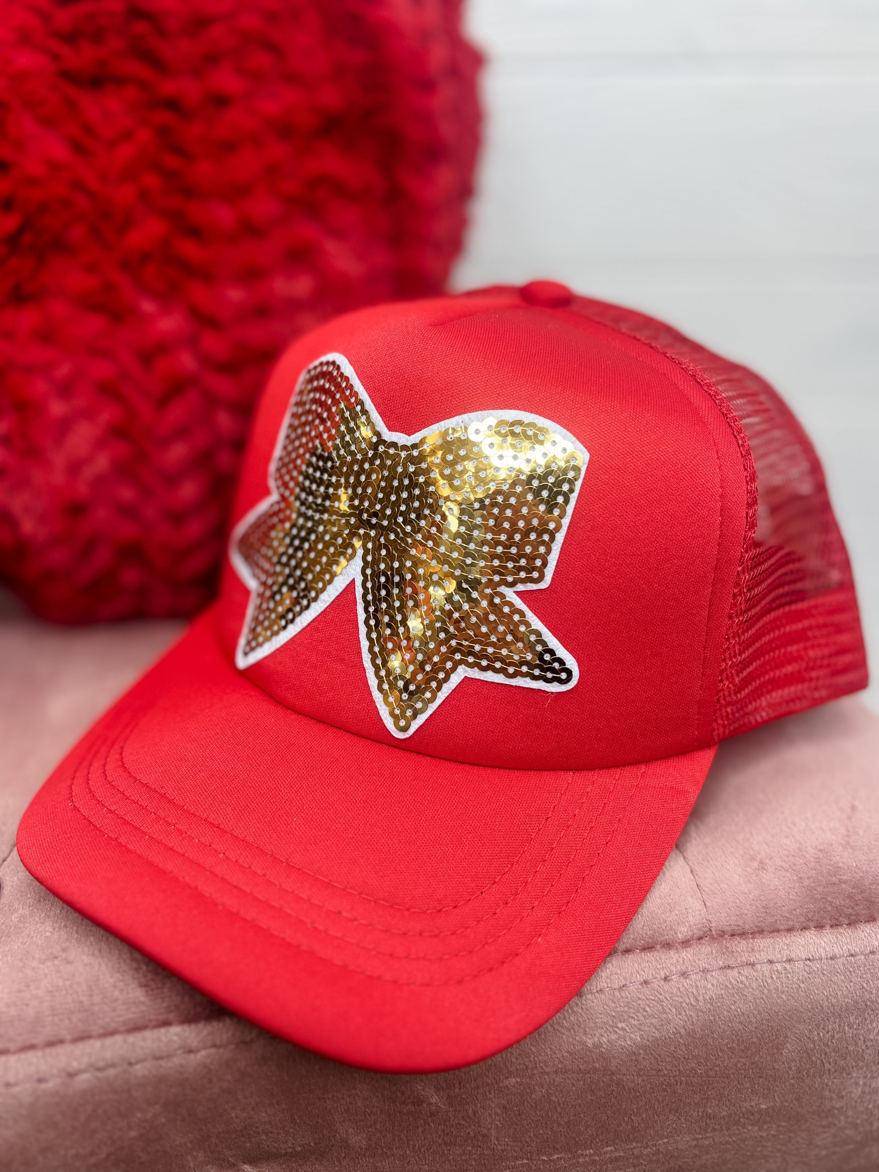 Sparkle Bow Sequin Trucker Hat - Red