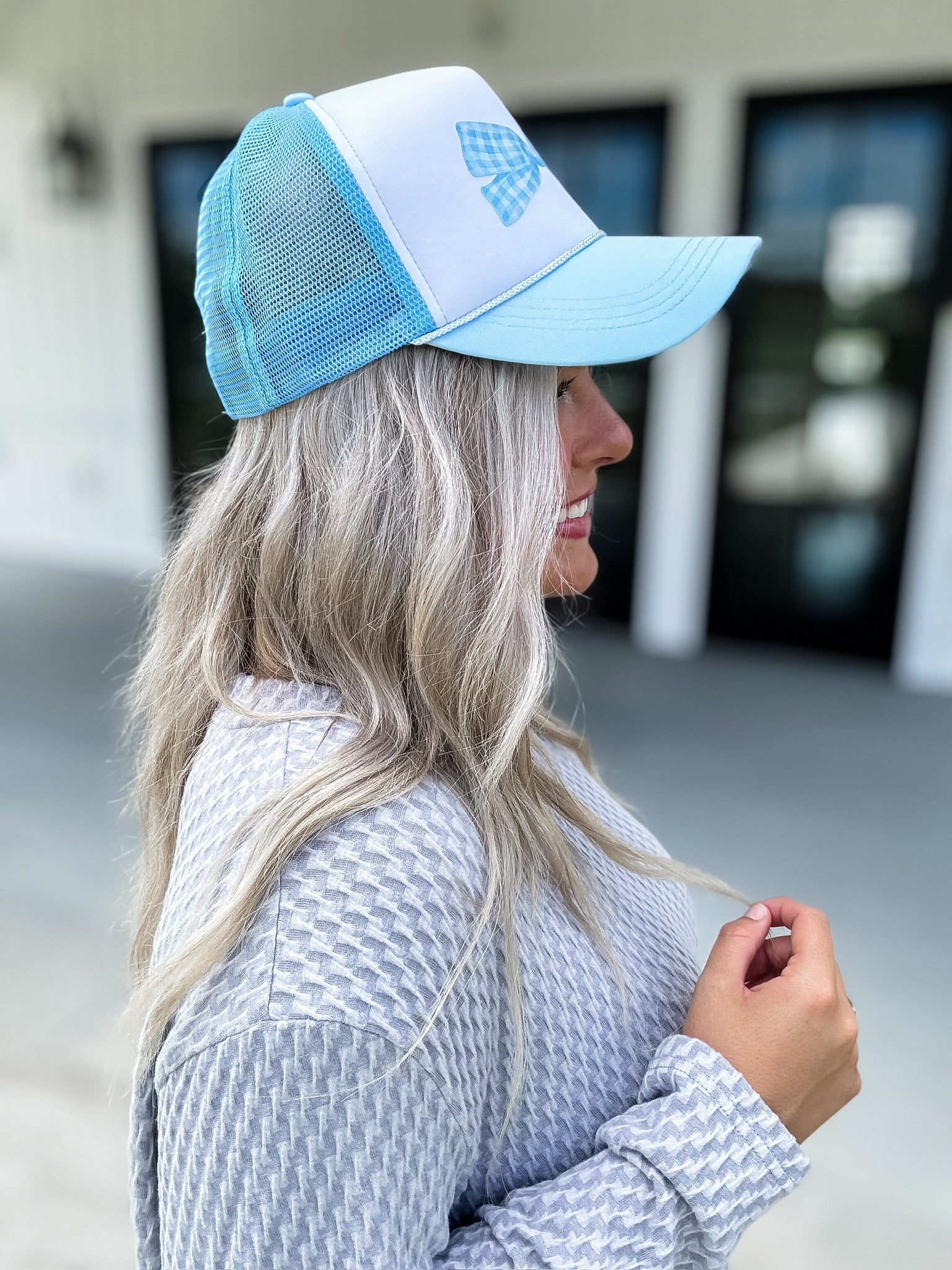 Checkered Bow Trucker Hat - Blue