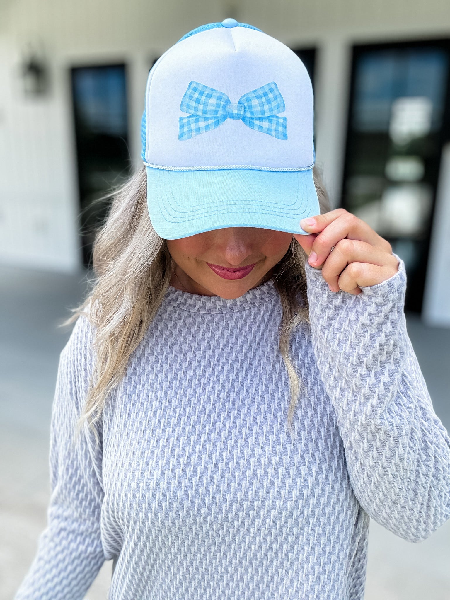 Checkered Bow Trucker Hat - Blue