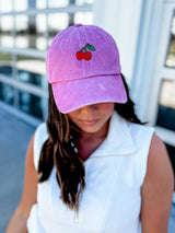 Cherry Embroidered Baseball Cap - Pink