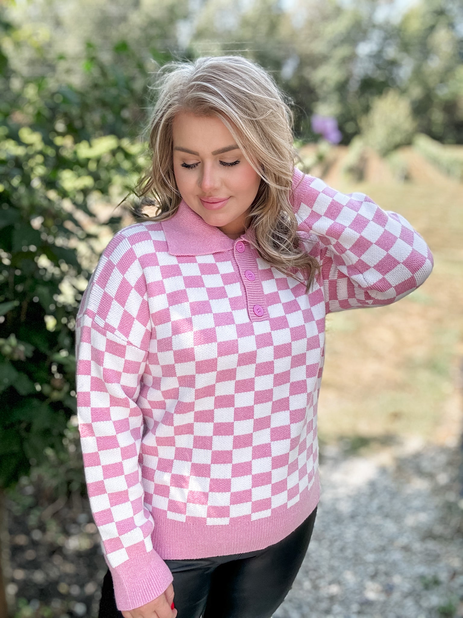 Checkered Button Sweater