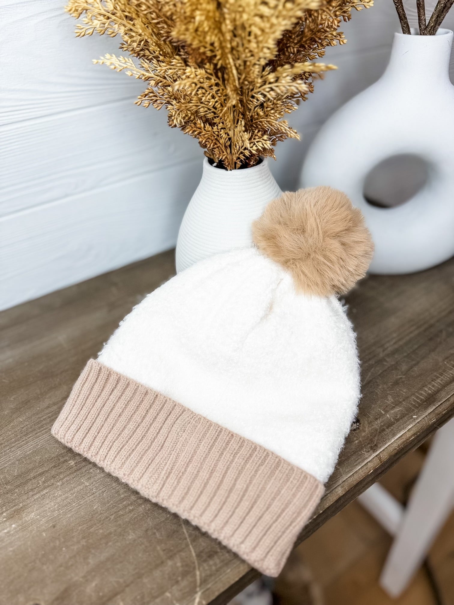 Pom Pom Beanie Hat - Taupe