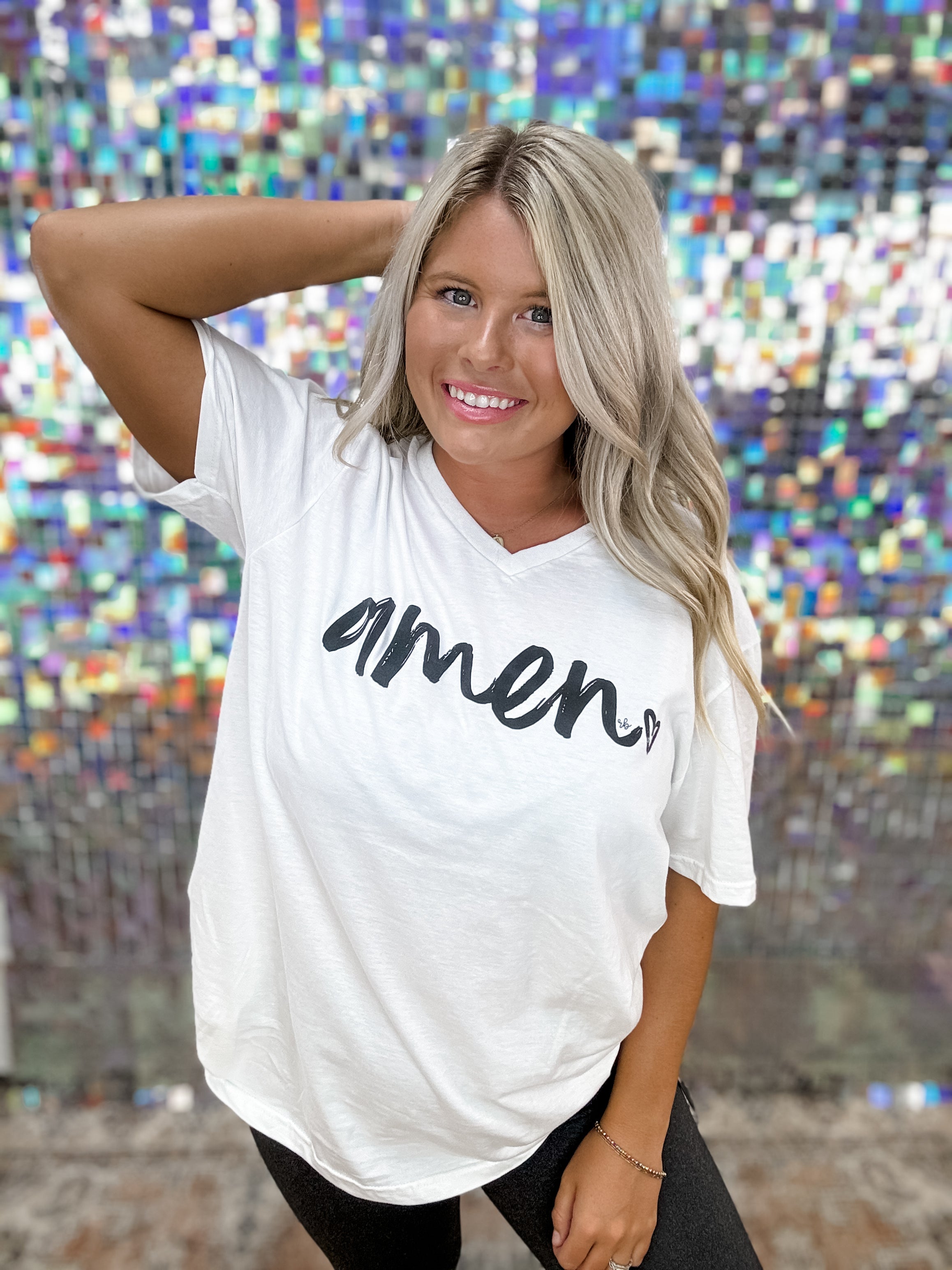 AMEN V-Neck Graphic Tee- white FINAL SALE