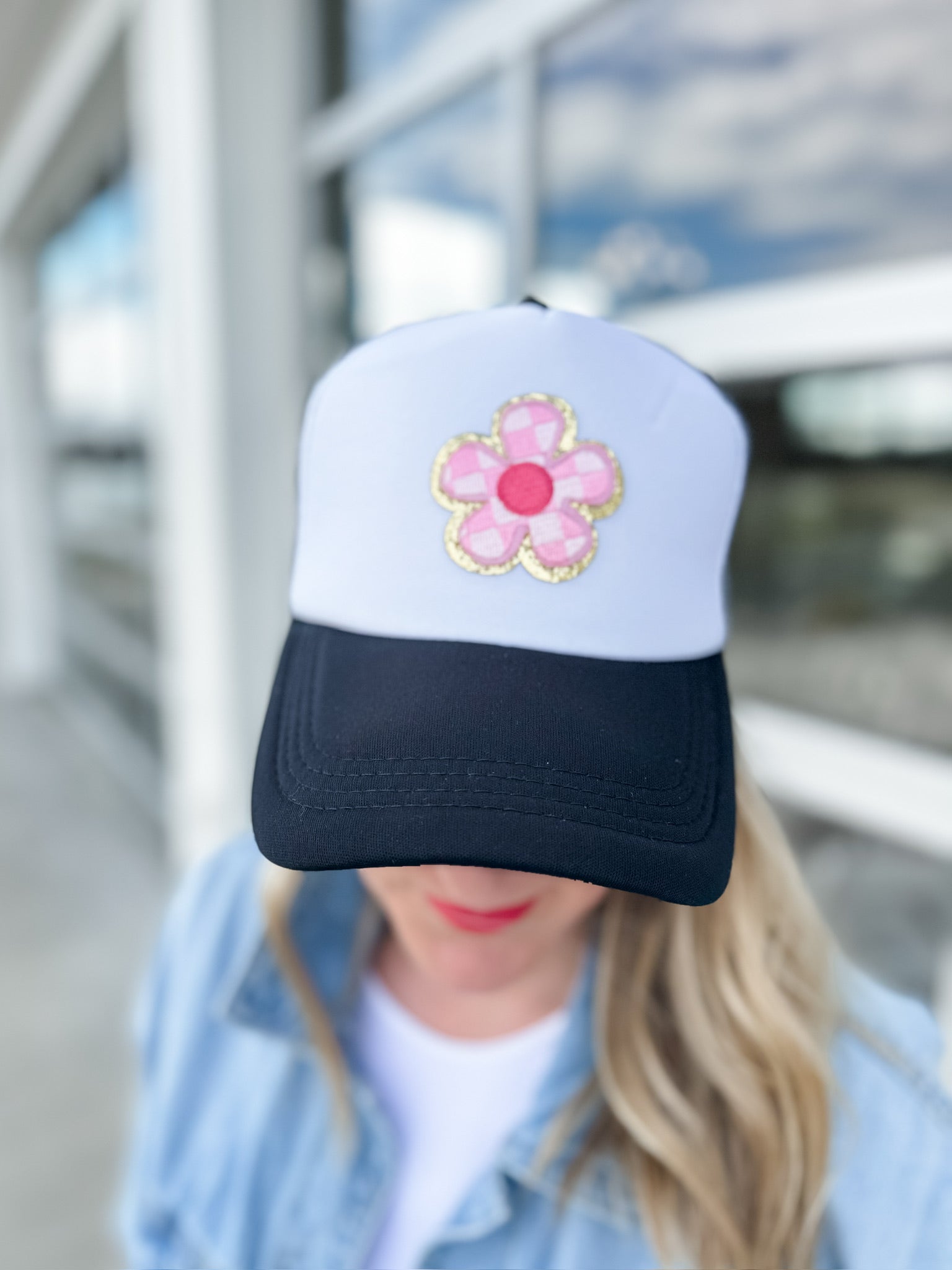 Checkered Flower Trucker Hat - Black